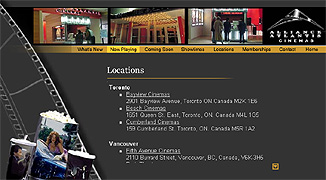 Alliance Atlantis Cinemas' Locations Web Page